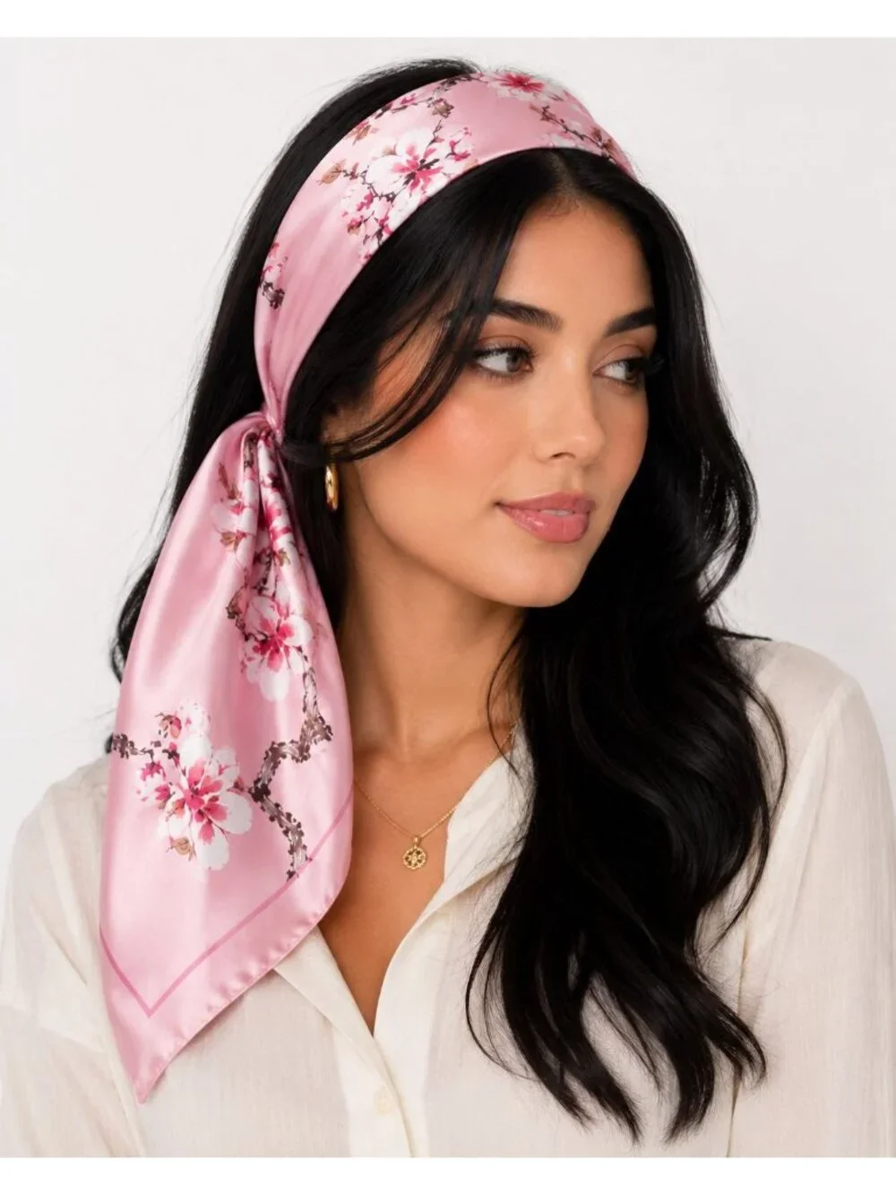 Pink Magnolia Satin Scarf 35x35 Floral Square Hair Head Neck Scarf for Women